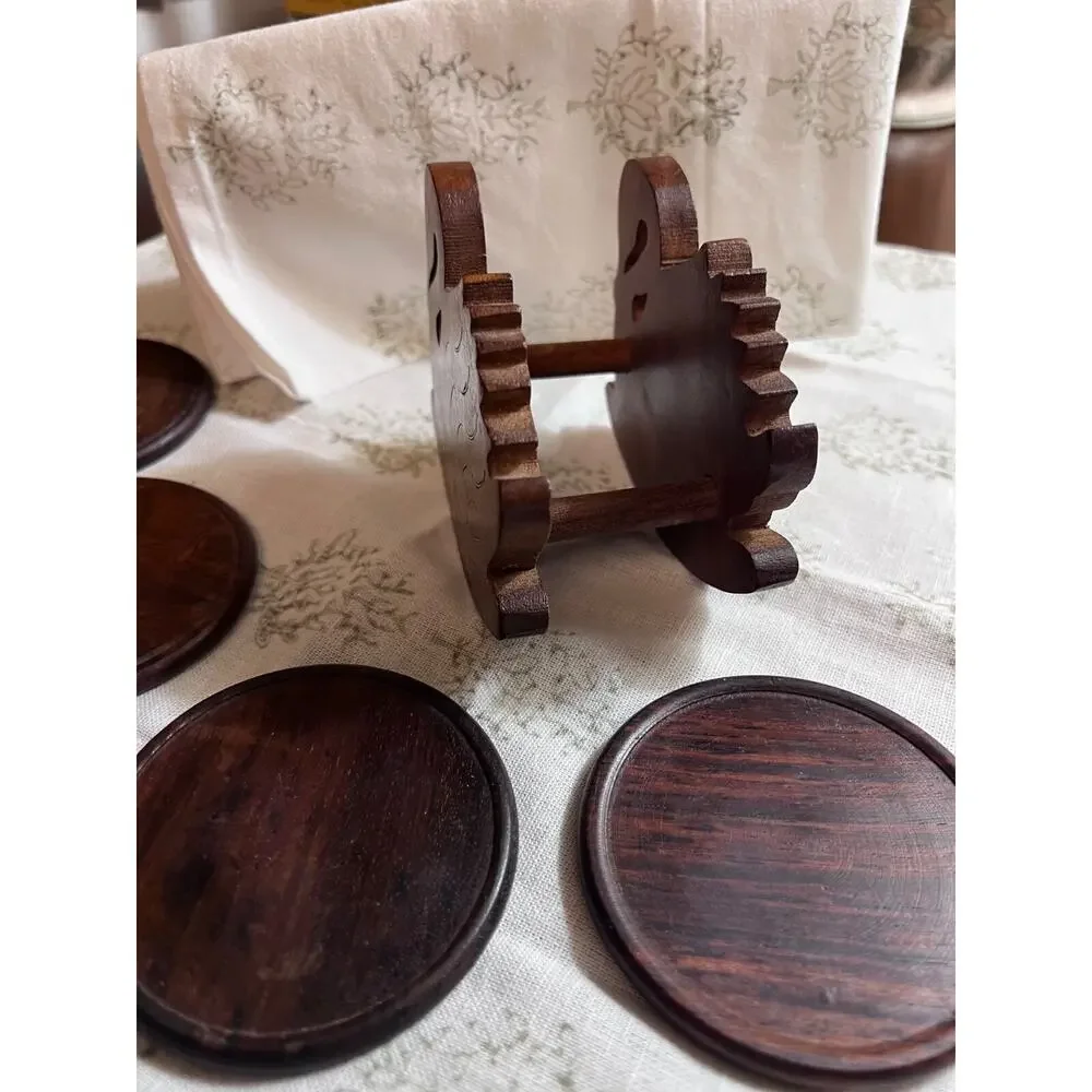 Vintage Wood Coaster set with Hand Crafted Rocking Swan Caddy in Good Condition